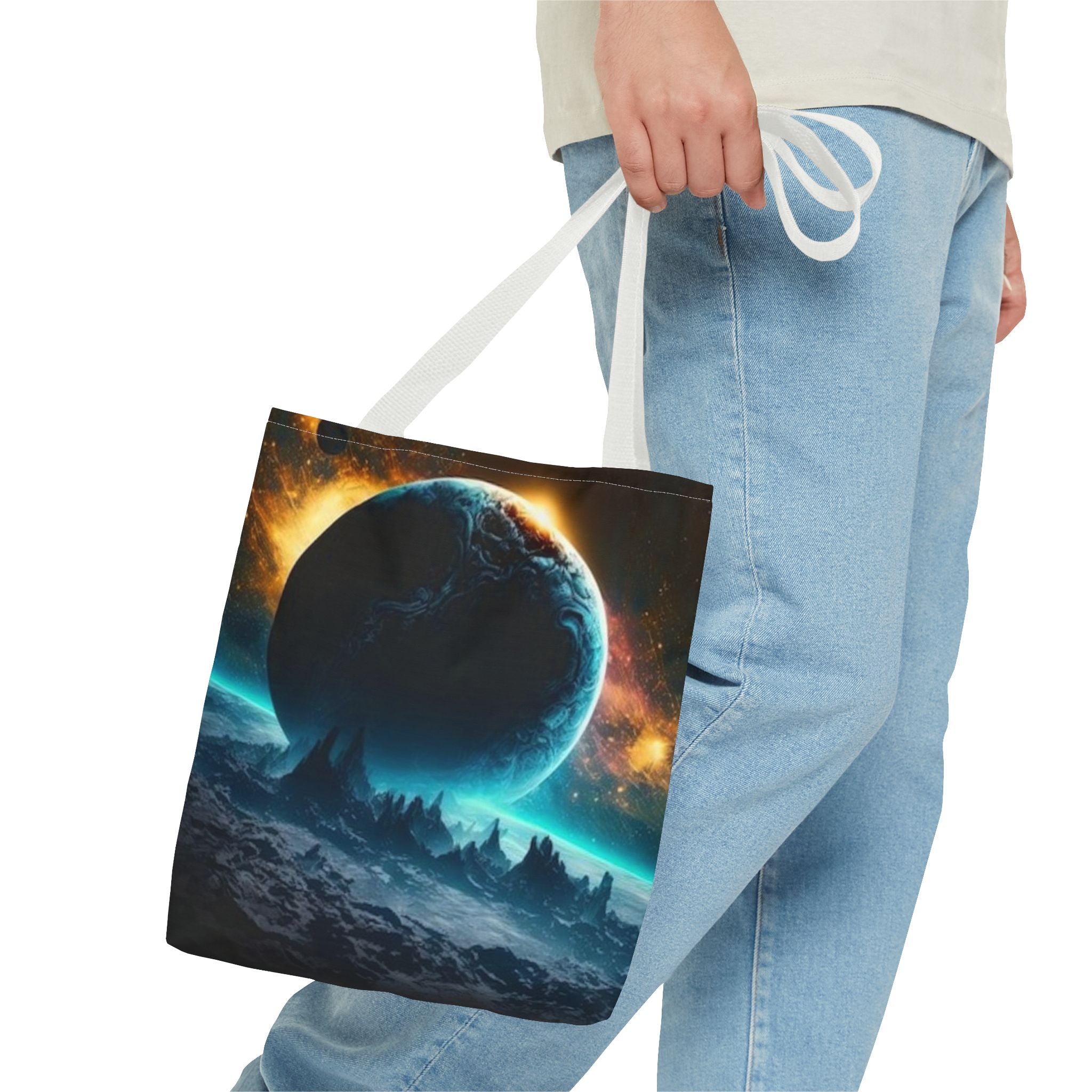 Cosmic Eclipse Tote Bag — Alien Planet Space Art All-Over Print